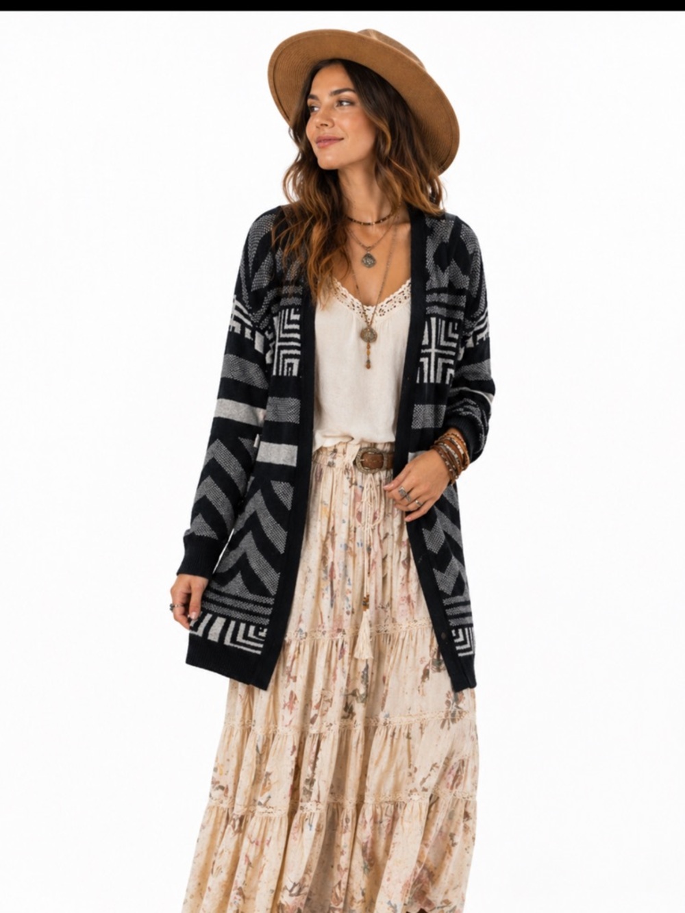 The Limited Cardigan Black Gray Open Front Geometric Western Sweater Y2K Medium